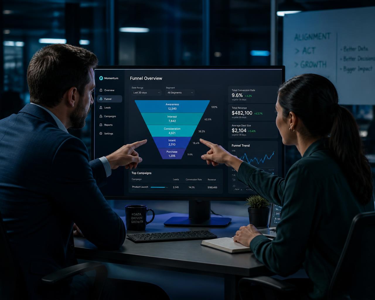 Profissionais de marketing e vendas analisando o funil no mesmo painel