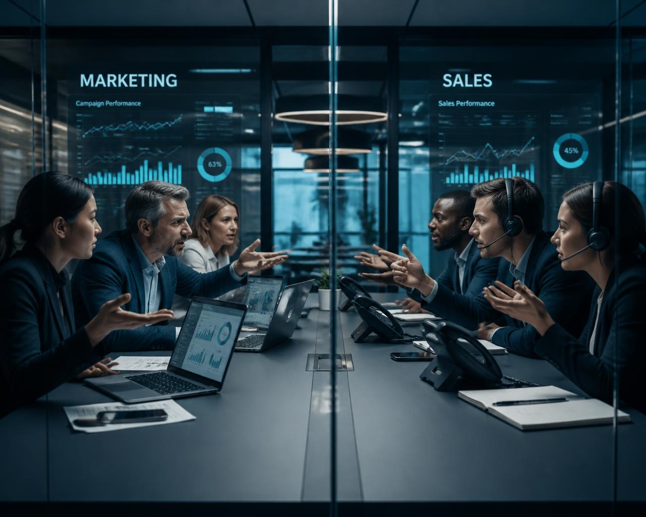 Times de marketing e vendas discutindo resultados em uma reunião